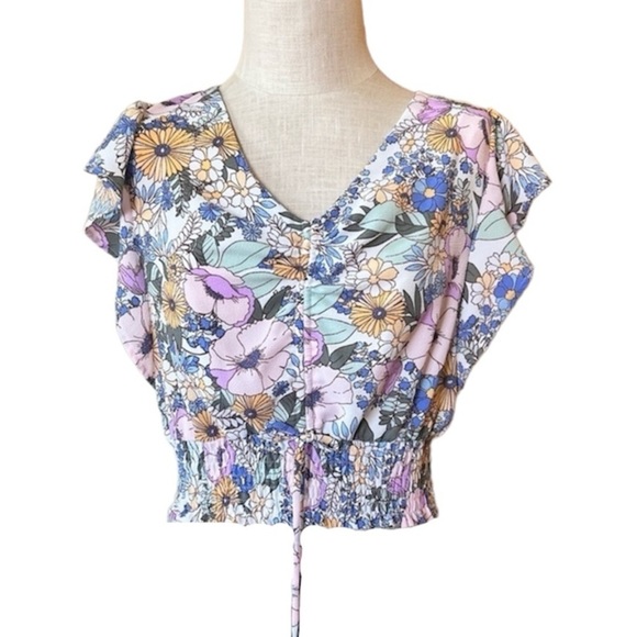 Monteau Medium Floral Cropped Ruffle Sleeve Shirt Blouse Casual Boho Flattering - Picture 2 of 9